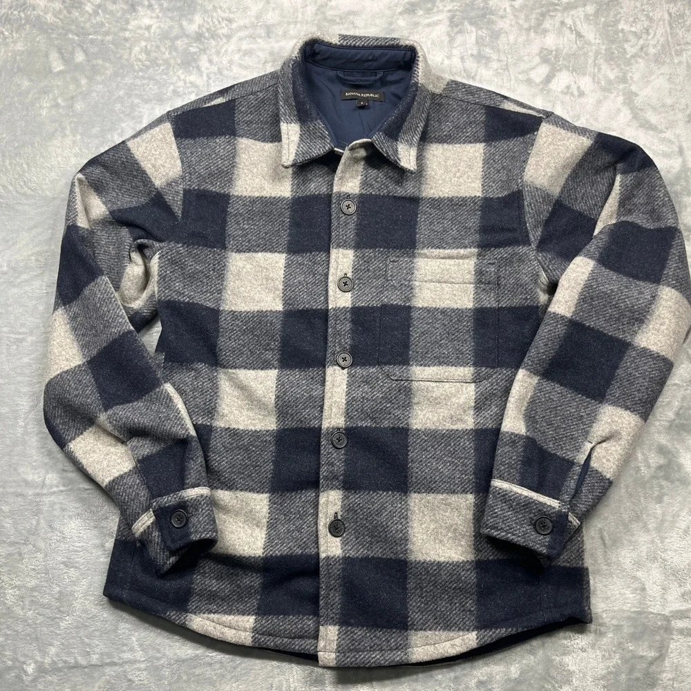 Banana Republic Lined Flannel Shirt Jacket Mens Navy Grey‎ Buffalo Plaid Small